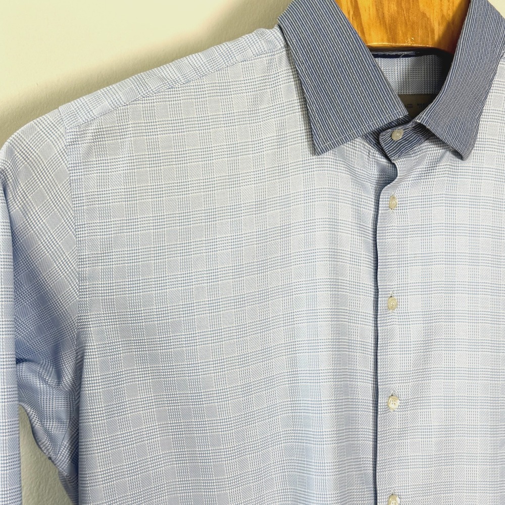 ETRO‎ Luxury Dress Shirt 46 Blue Textured Micro-Check Contrast Spread Collar - Picture 3 of 12